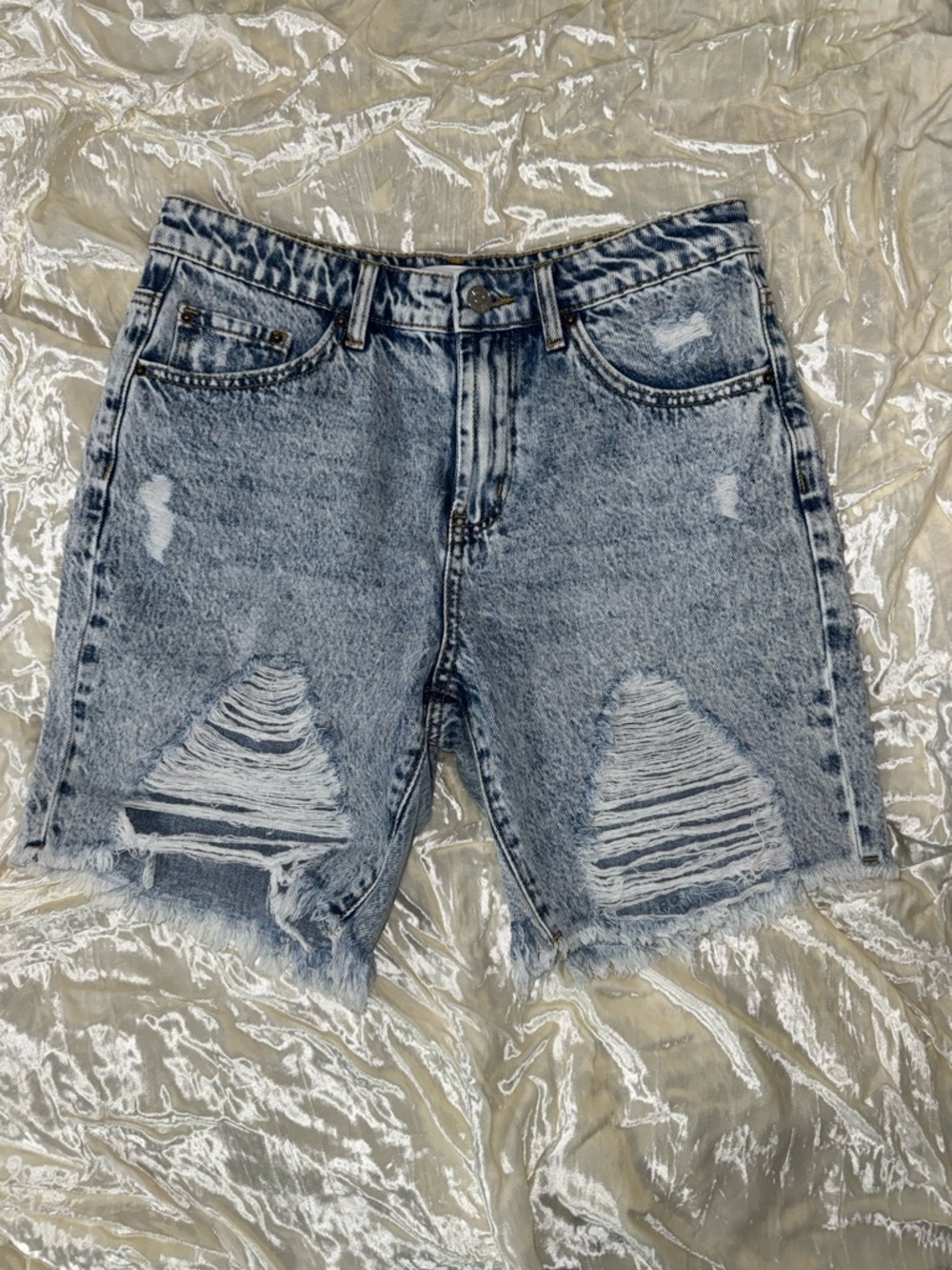 Bluivy Distressed High-Rise Light Wash Denim Shorts